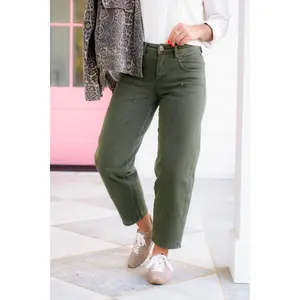 Mica High Rise Green Ankle Straight Leg Barrel Jeans