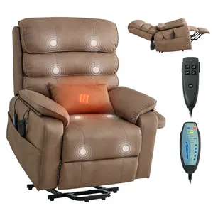 VEVOR Power Lift Recliner Chair, Dual Motor, Medium Wide Electric Lift Chair with Heat and Massage for Elderly, Infinite Position Adjustment, Leather Surface, with Storage Pocket, Cup Holder, Brown