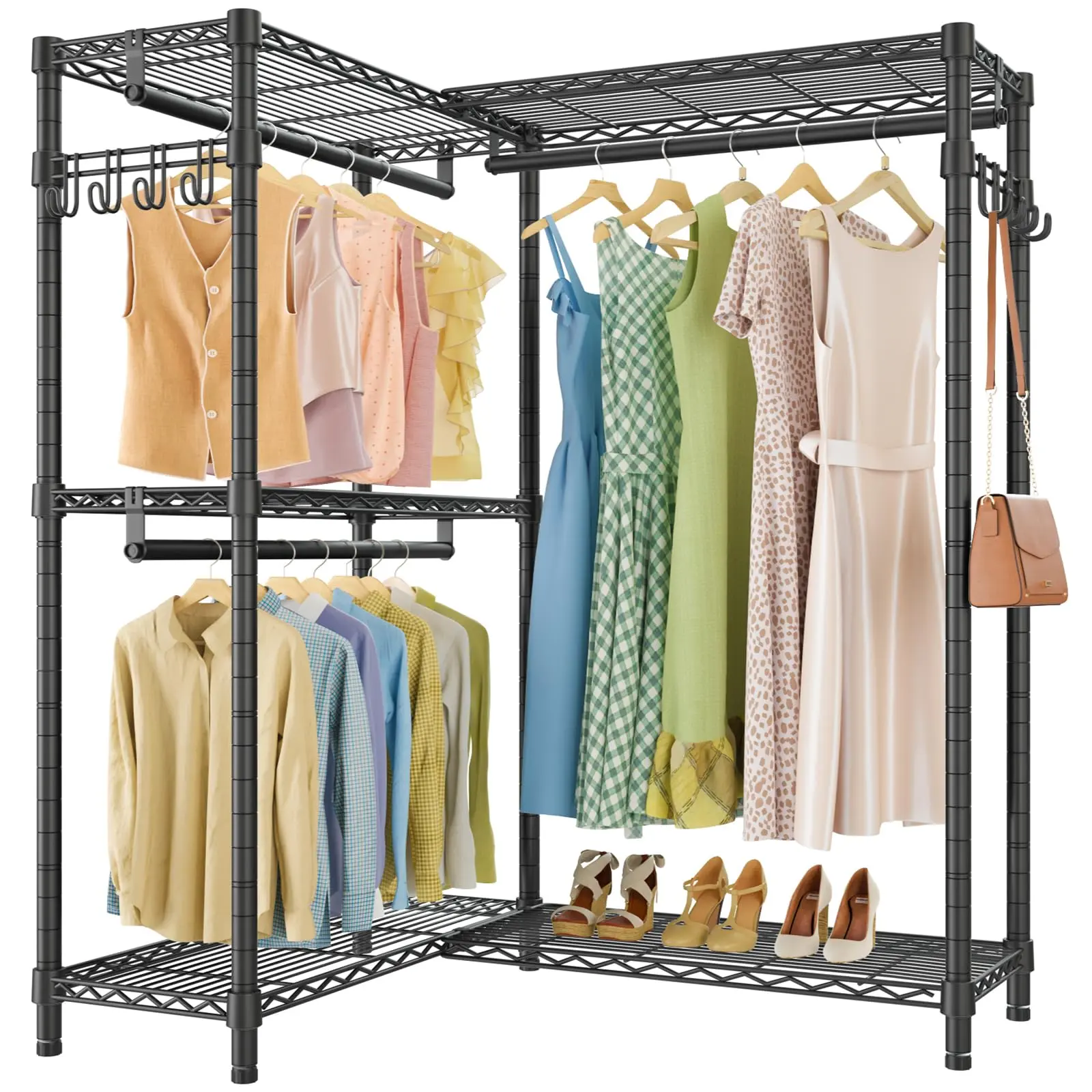 VIPEK L4 Carbon Steel Closet Storage Freestanding Floor Rack - L-Shaped Metal Storage Organizer, Adjustable Shelf with 3 Hanging Rods, Side Hooks, Anti-Tip Base, Scuff-Resistant Powder Coat, Easy Install for Bedroom, Walk-In Closet (Space Saver), Multilay