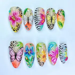 Colorful Butterfly Press On Nails | 3D Flower Leopard Zebra Nails | Handmade Tropical Nail Set