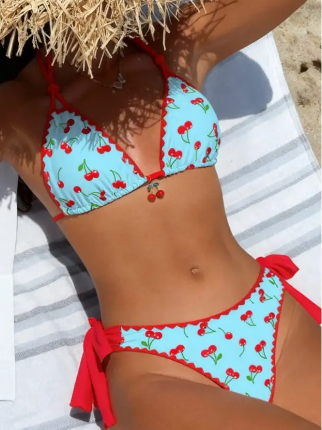 Women's 1-Set Floral Print Halter-Tie 2-Piece Bikini Swimwear, Fashionable Beach Outfit for Summer Vacation