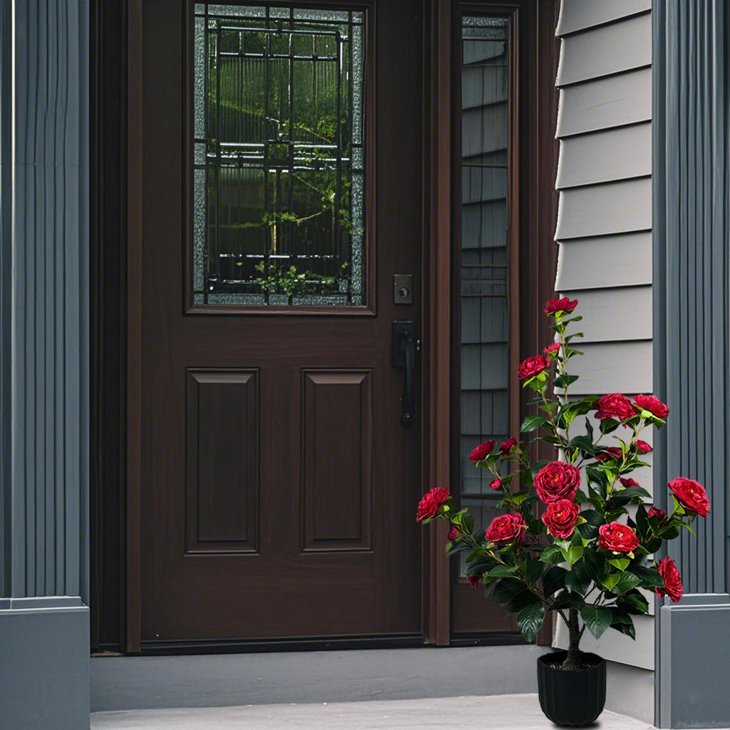 2 Pcs 3ft Artificial Camellia Trees with 24 Realistic Flowers 188 Leaves Decorative Pebbles and Planter for Indoor Home Office Outdoor Courtyard Decor