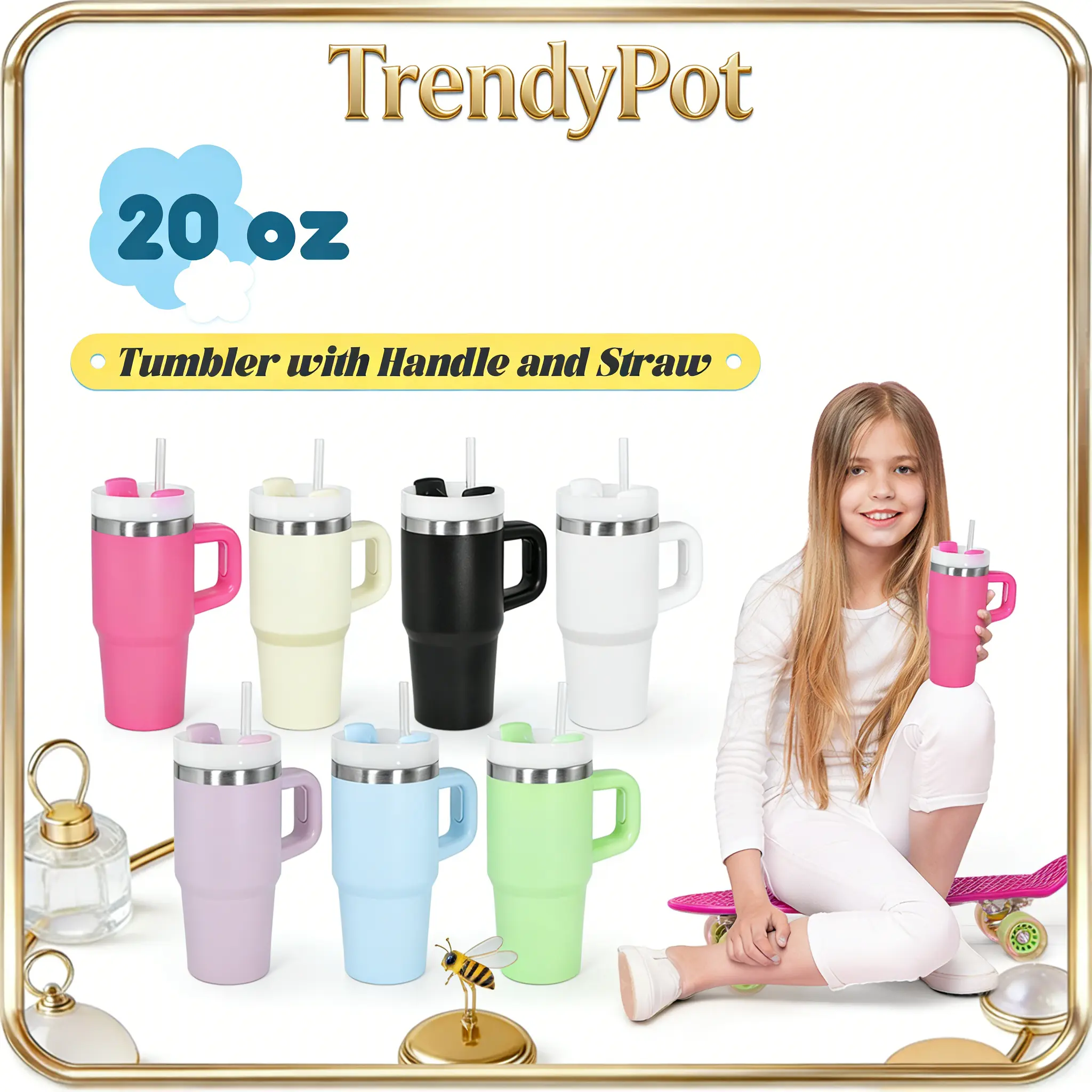20 Oz Portable Handle Stainless Steel Double-Layer Vacuum Flask - Insulated Drink Cup with Lid & Straw, Reusable Children's Water Bottle, Traditional Children's Day Gift Watercolor Drinkware, Flasks, 18/8 Steel Safe