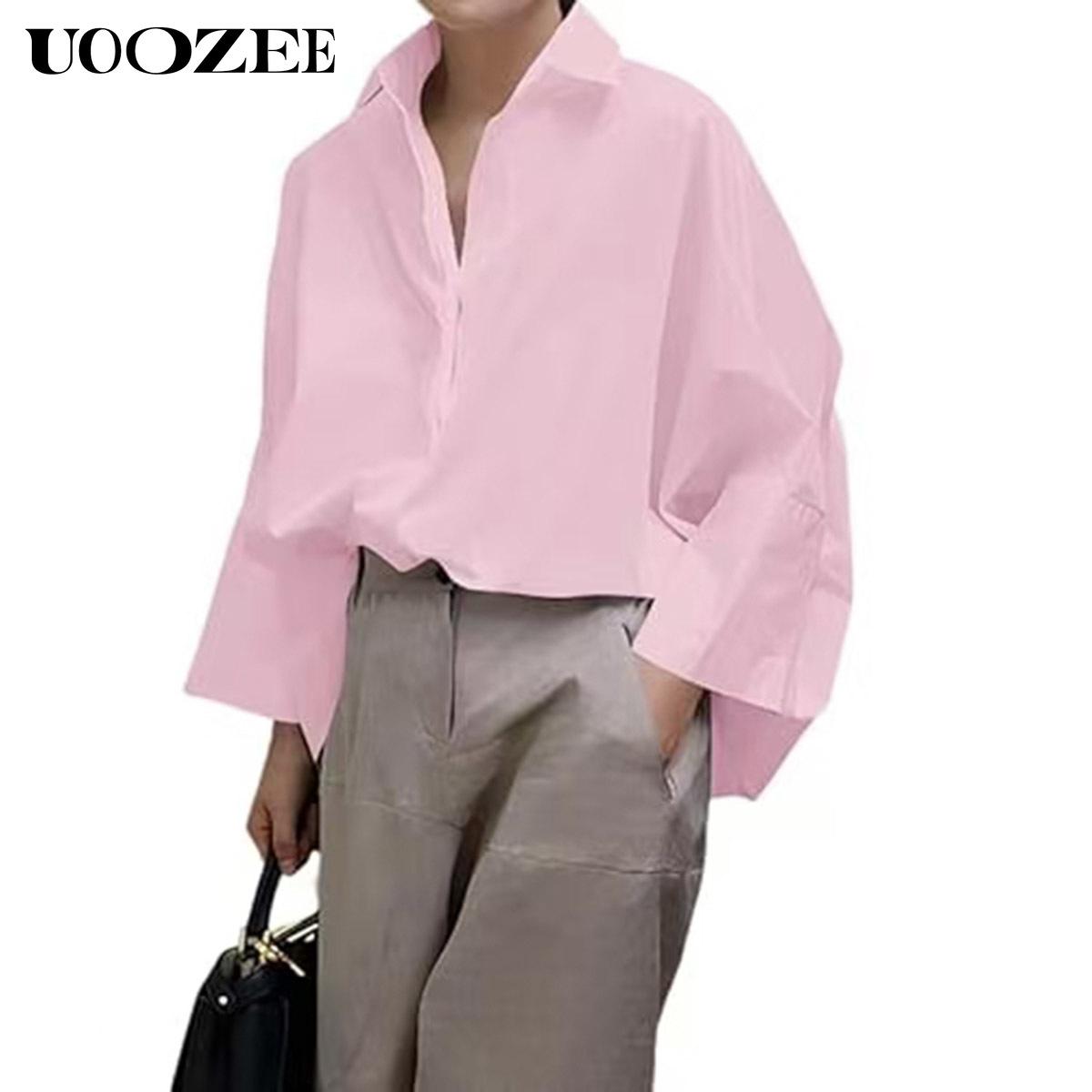 UOOZEE Women's Oversized Fit Multi-Colored Lapel Shirt Tops for All Seasons Loose Simple Polyester Versatile Commuting Suitable for Various Occasions Soft Cotton Blend Chic Blouse Casual