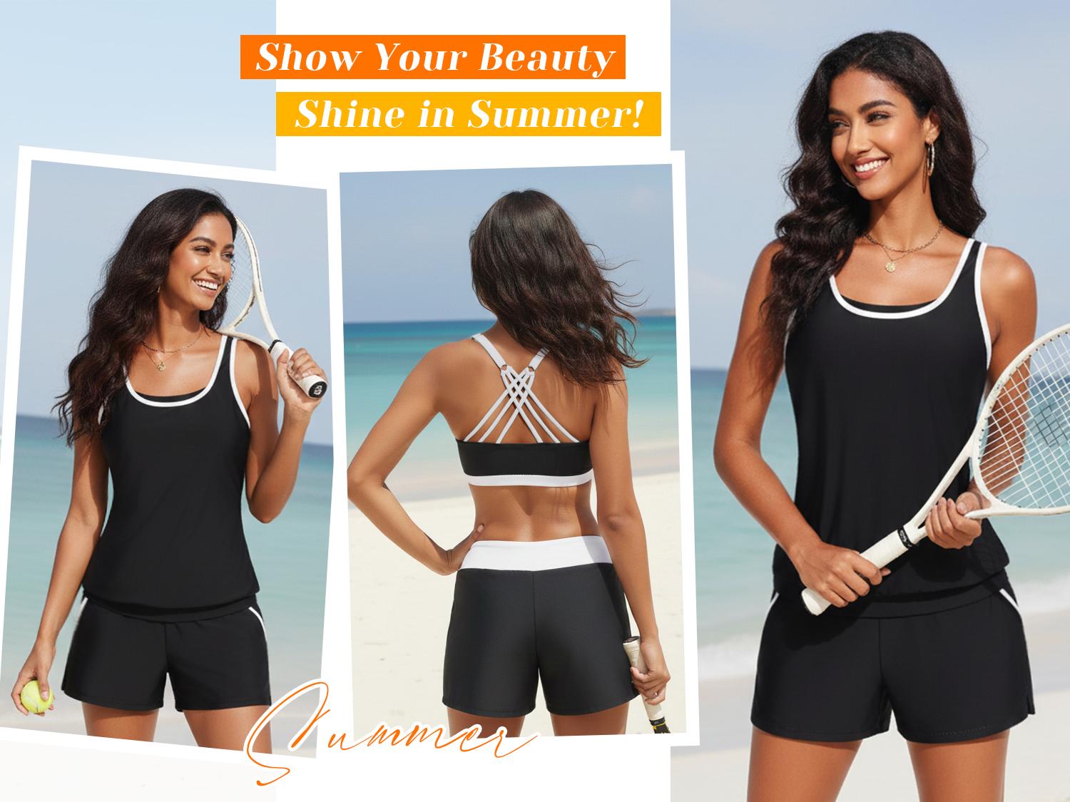 Aqua Eve Three Piece Tankini Swimsuits for Women - Bathing Suits with Boy Shorts Swim Tank Top Sports Bra and Modest Swimwear