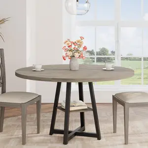 Industrial Round Dining Table,47 Inch Round Kitchen Table for 4,Dinner Table with Wooden Top and Metal Base for Dining Room,(Grey, 47.2 in w/Storage)
