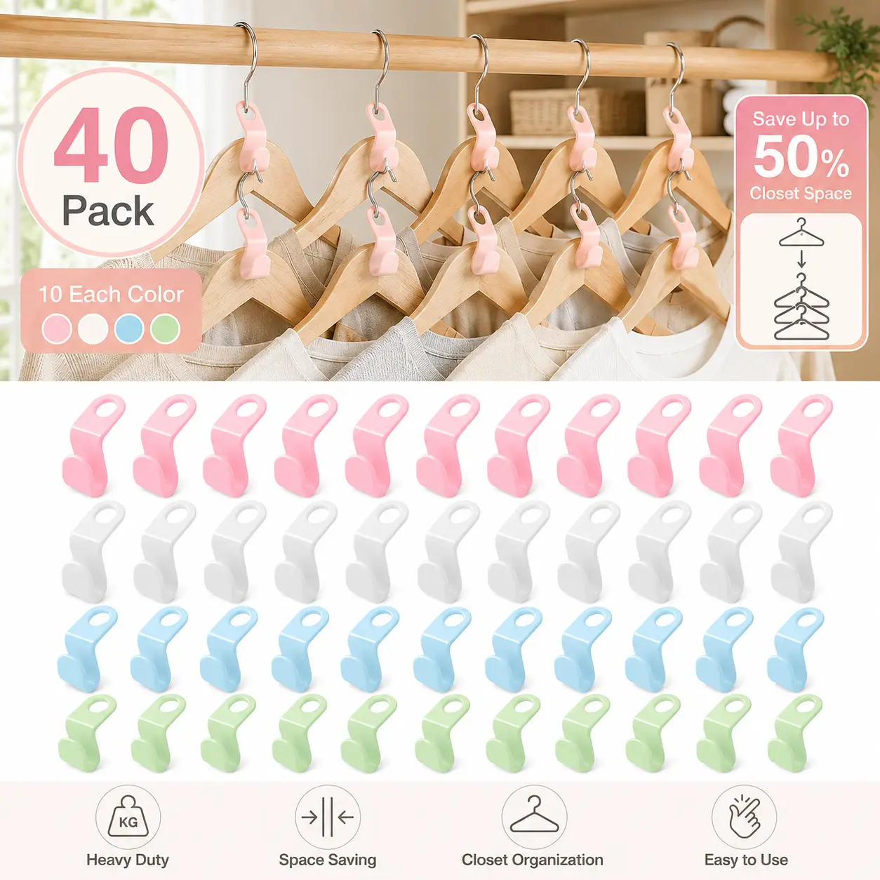 20/40PCS Cascading Hanger Hooks, Vertical Closet Organization Connectors for Clothes, Space-Saving Wardrobe Storage Accessories for Apartments and Dorms
