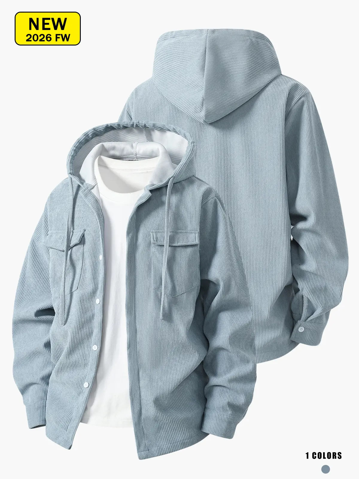 Vintage hooded corduroy shirt jacket for men, turn-down collar, button closure, long sleeves, cargo pockets, loose lightweight streetwear casual jacket