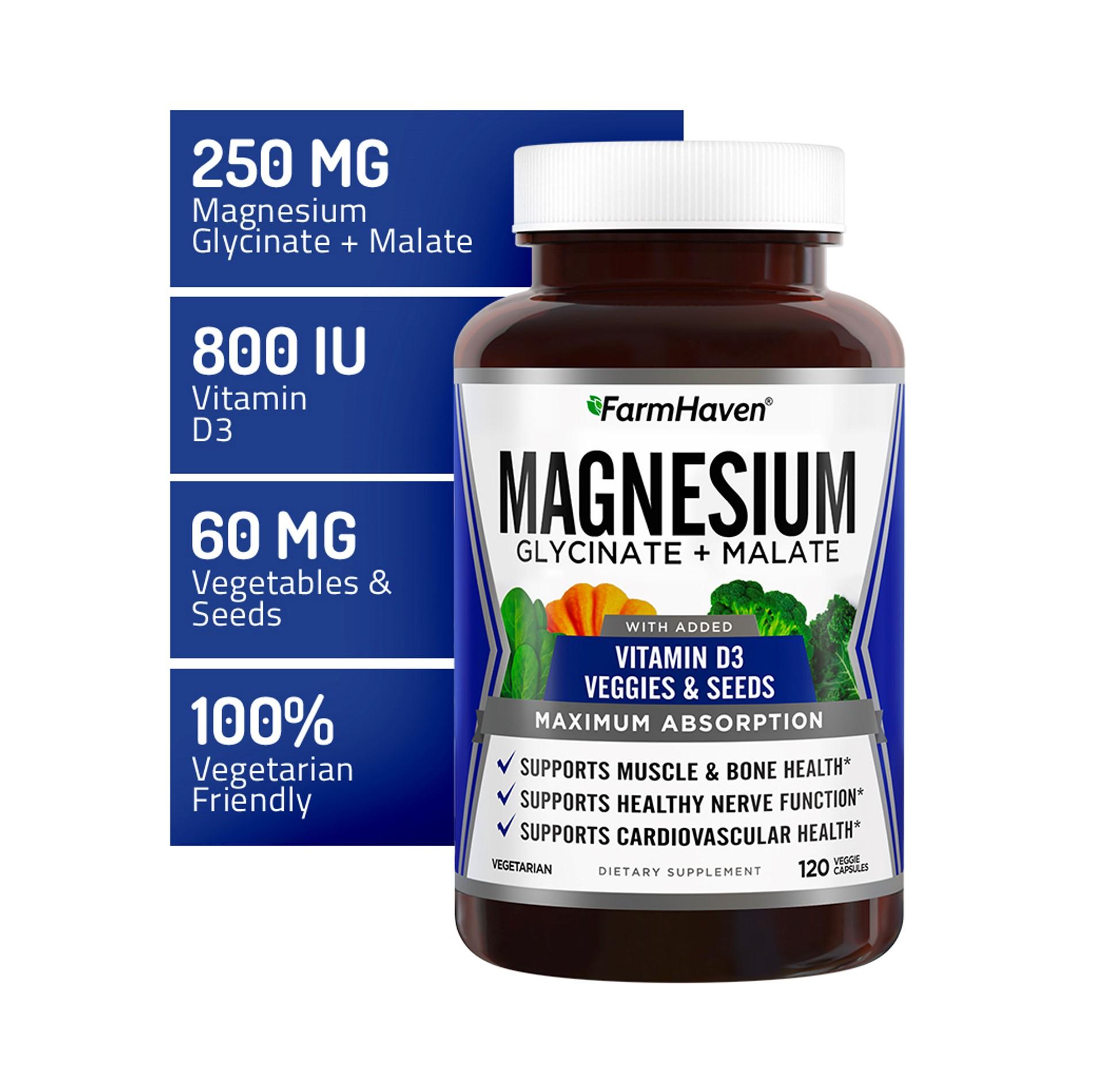 【FarmHaven】Magnesium Glycinate & Malate Complex with Vitamin D3, Supports Bone Health, Nerves, and Muscles, 60-Day Suppl