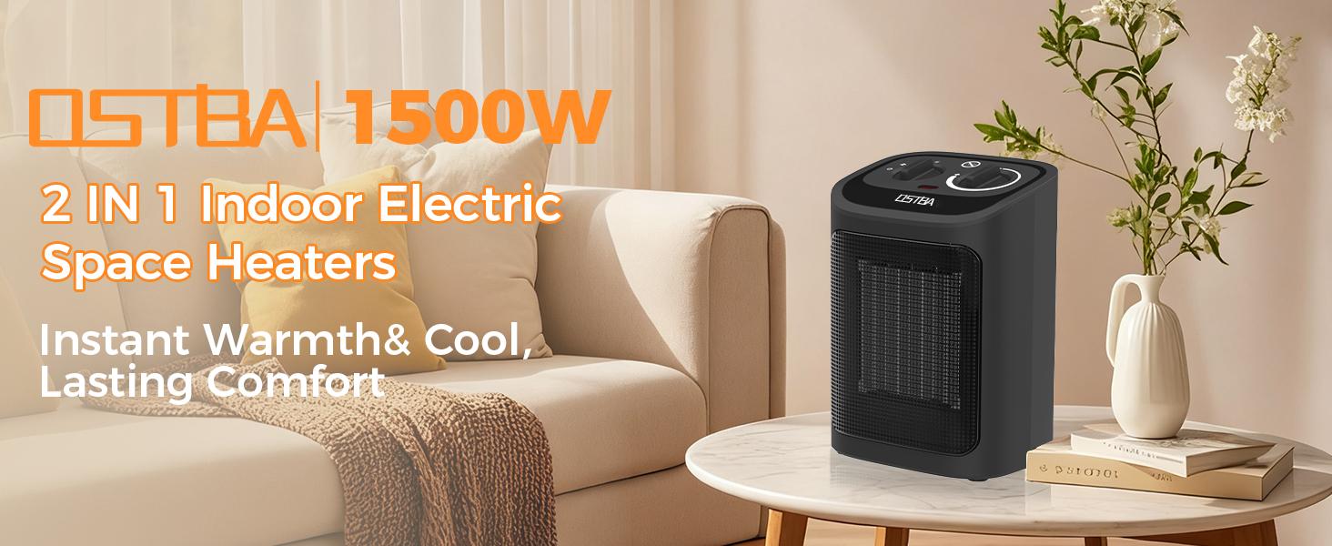 OSTBA Portable Indoor Electric Heater, 1500W Ceramic Heater with Adjustable Thermostat, 3 Modes, Tip-Over & Overheat Protection for Office & Bedroom - Black