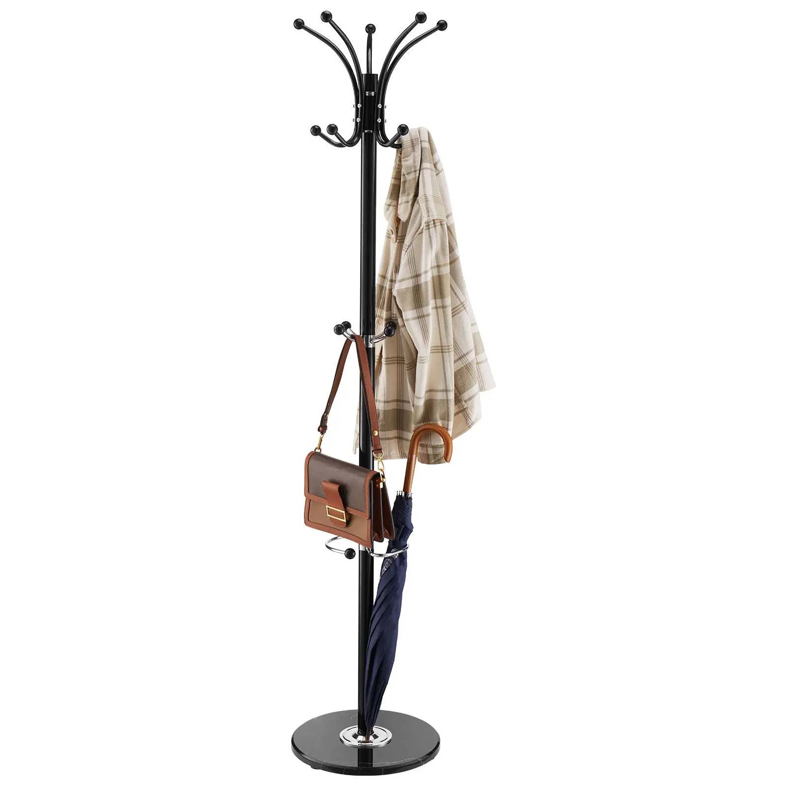 VEVOR Freestanding Coat Rack, Metal Coats Rack Stand with Umbrella Holder, Stable Marble Base 14 Hooks, Hall Coat Tree for Entryway, Bedroom, Living Room, Stylish Coats Hanger for Hats, Scarves, Bag