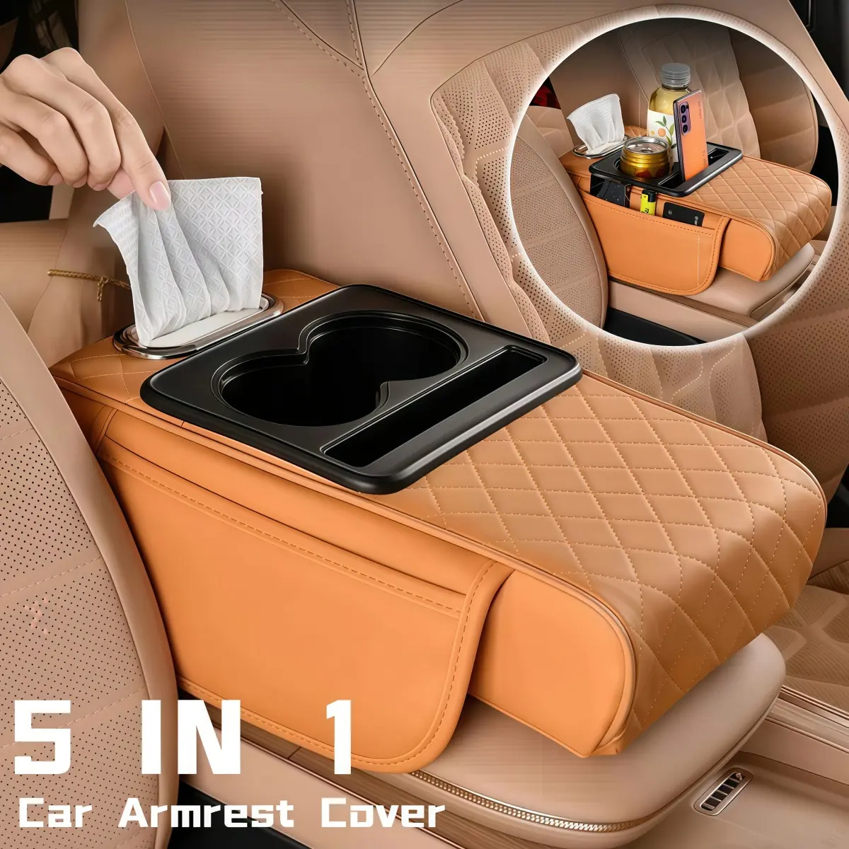 5-in-1 Memory Cotton PU Leather Car Armrest Cushion - 13.7x8.27x3in Center Console Cover with Cup Holder, Phone Mount, Storage Bags, Tissue Box Slot - Universal for Car, SUV, Truck, Pickup, 5-In-1 Design