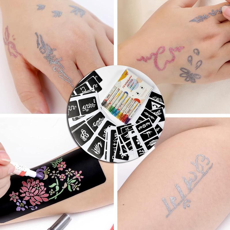 Temporary Tattoo Markers for Skin, 10 Body Markers + 56 Large Tattoo Stencils for Kids and Adults, Dual-End Tattoo Pens Make Bold and Fine Lines with Cosmetic-Grade Tattoo Ink ZYH2208001KIT