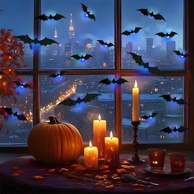 Halloween 3D Lighted Bats, 2025 New 3D Led Bats Lighted Stickers Decor Light - Hanging Wall Luminous Glow Clings for Home Bar Halloween Party (Bats-12pcs)
