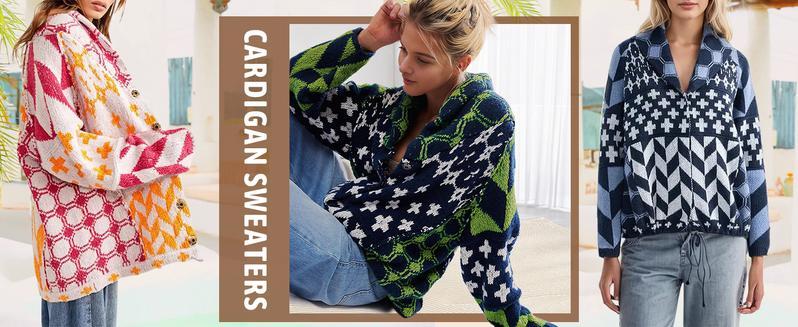 Naeduo Women's Fall Argyle Knit Sweater Cardigan Oversized Y2K Graphic Button Down Collar Soft Breathable Fabric Adjustable Fit Street Style Casual Geometric Vneck Knitting Fitted Tops