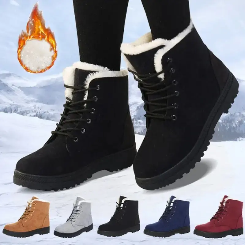 Women's Plain Footwear Boot - Round Toe Short Booties, Fuzzy Lined Warm Slip-On Winter Shoes, Comfortable Stylish for Snowy Days