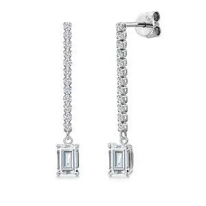 Gem Stone King 14K White Gold Forever Classic Moissanite and Lab Grown Diamond Long Liner Dangle Earrings for Women | 1.52 Cttw | Emerald Cut 6X4MM | White Gold Chain Drop Earrings