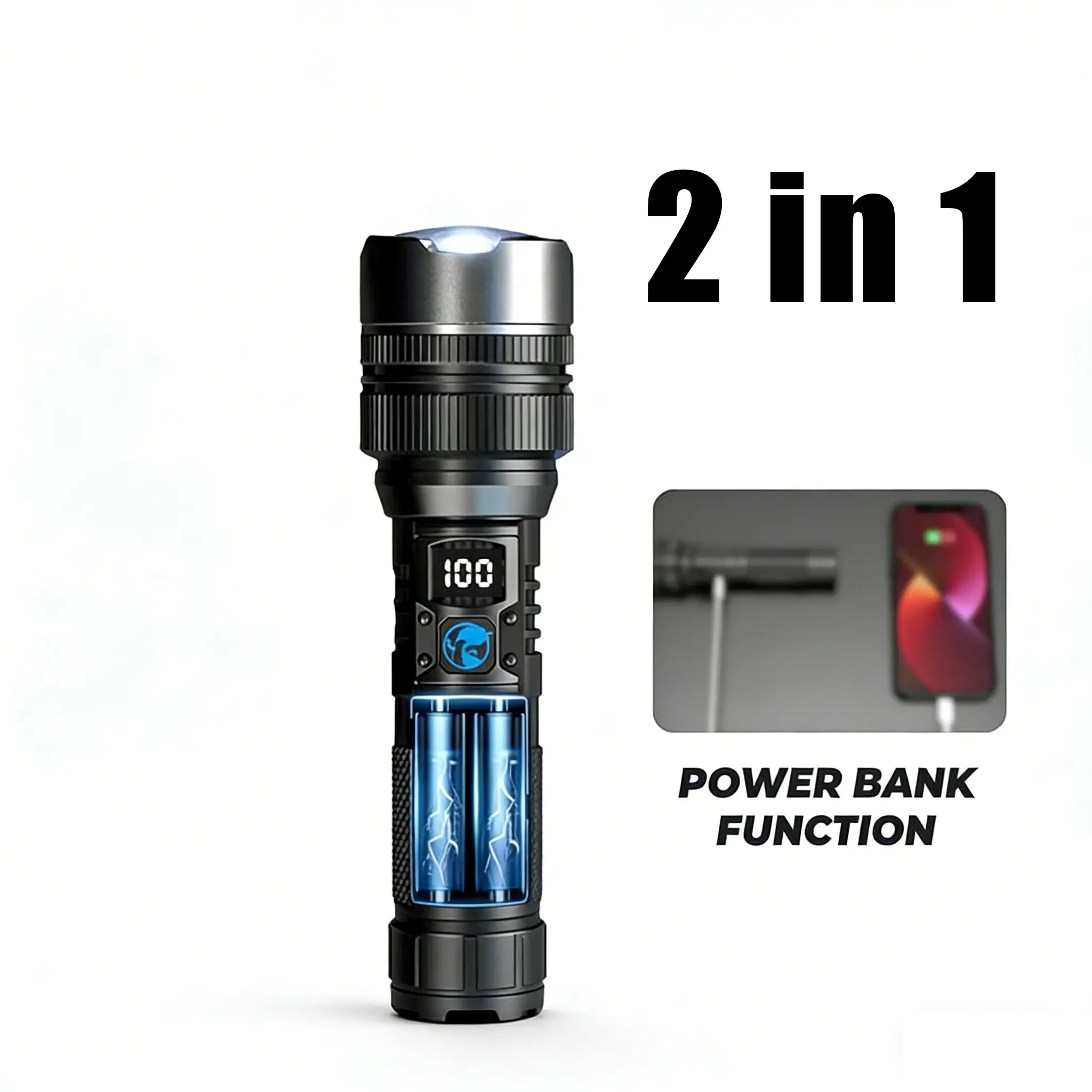 2-in-1 Aluminum alloy Strong Flashlight (Power Bank)，Digital display of power, Rechargeable，Zoomable, , X4Waterproof, Adjustable Brightness Flash Light for Outdoor, Emergency, Camping Accessories，Black DealsForYouDays，Tactical flashlight