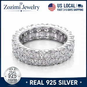 925 Sterling Silver Unisex-Eternity Double Layer Ring Band with Round-Cut Grade Cubic Zirconia Tennis Band All-Around Wedding Engagement Band Stacking Ring Hiphop Style for Women and Men