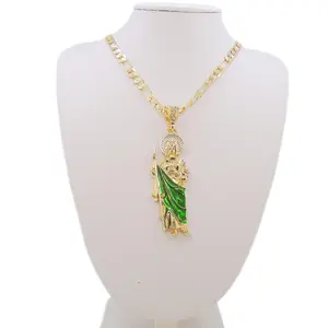 1Pc Green St. Jude Pendant Necklace, San Judas Tadeo Charm with Figaro Style Chain, Golden & Green Saint Jude Figure