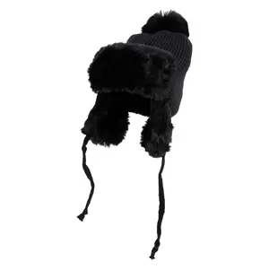 Knitted Faux Fur Lined Pom Trooper Beanie Hat