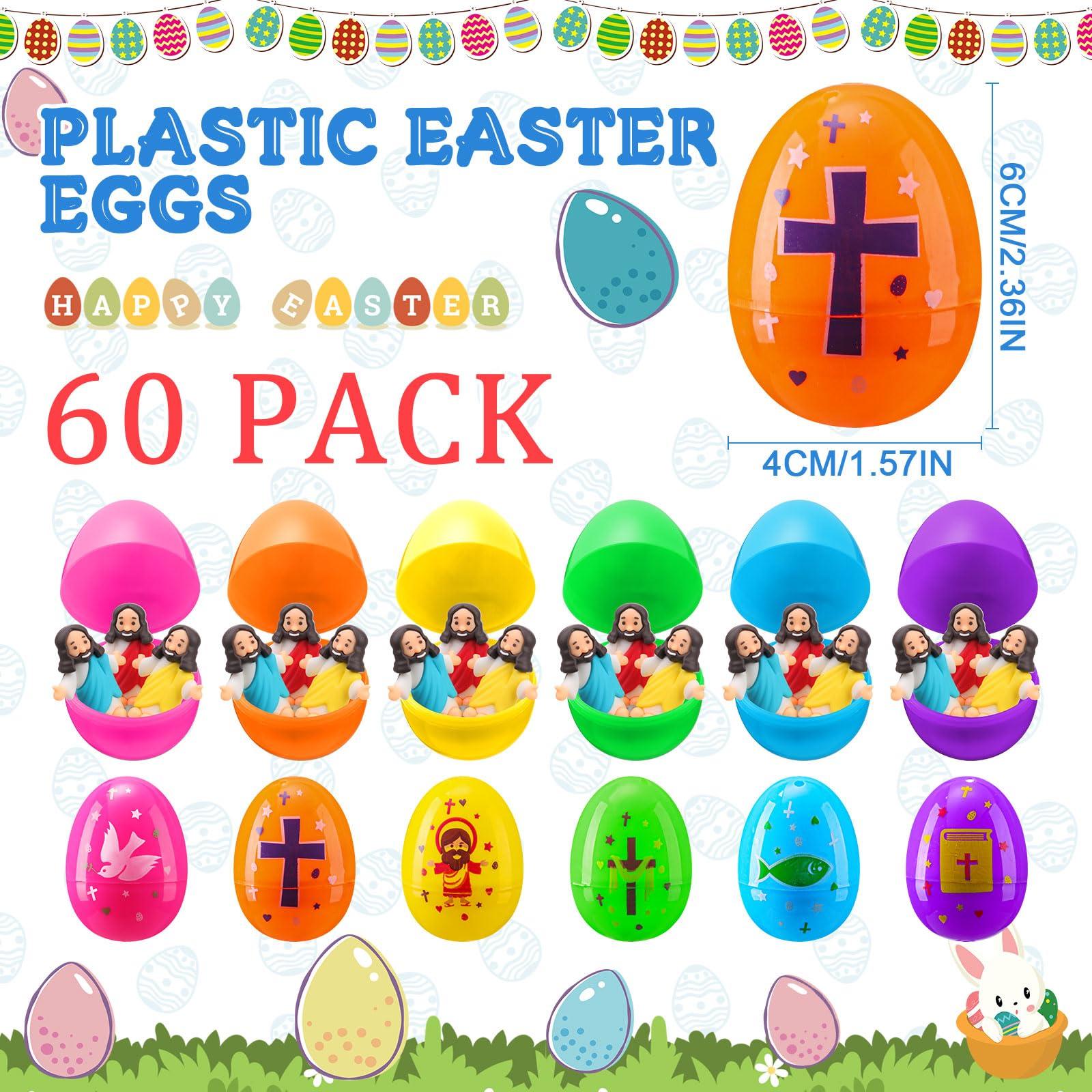 12set/24set/30set/36set/48set/50set/60set Prefilled Easter Eggs with Mini Jesus Figures for Easter Egg Hunt Basket Stuffers Fillers He Is Risen Easter Eggs Filled with Mini Jesus Figures for Boys Girls Outdoor Play Classroom Prize Easter Party Favors