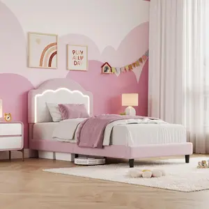 Kids Bed with RGB LED Headboard & Storage Drawer, Plush Sherpa Upholstery, No Box Spring Needed, Quiet & Easy Assembly