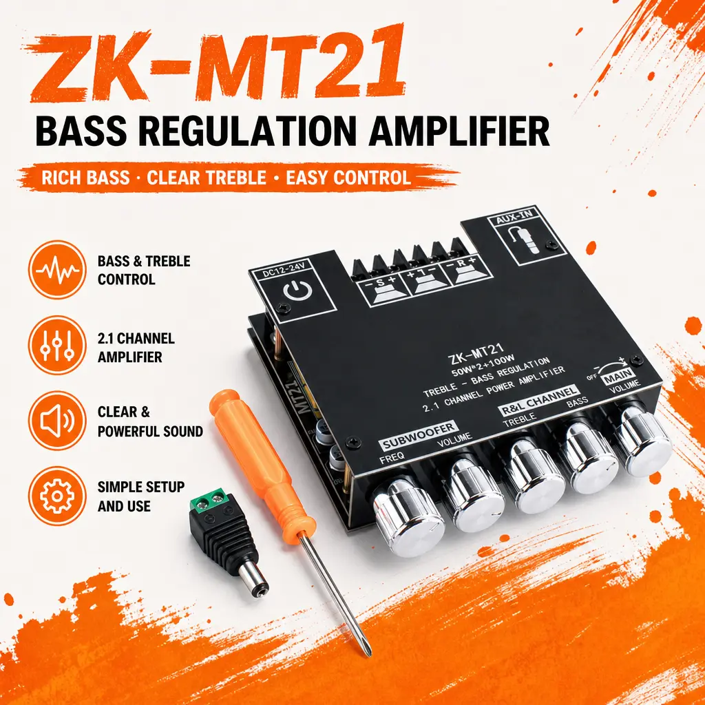 ZK-MT21 2.1 Channel Bluetooth 5.0 Amplifier Board – 50Wx2 Stereo + 100W Subwoofer, AUX Input, Treble/Bass Control, 12-24V DC for Car/Home Audio DIY