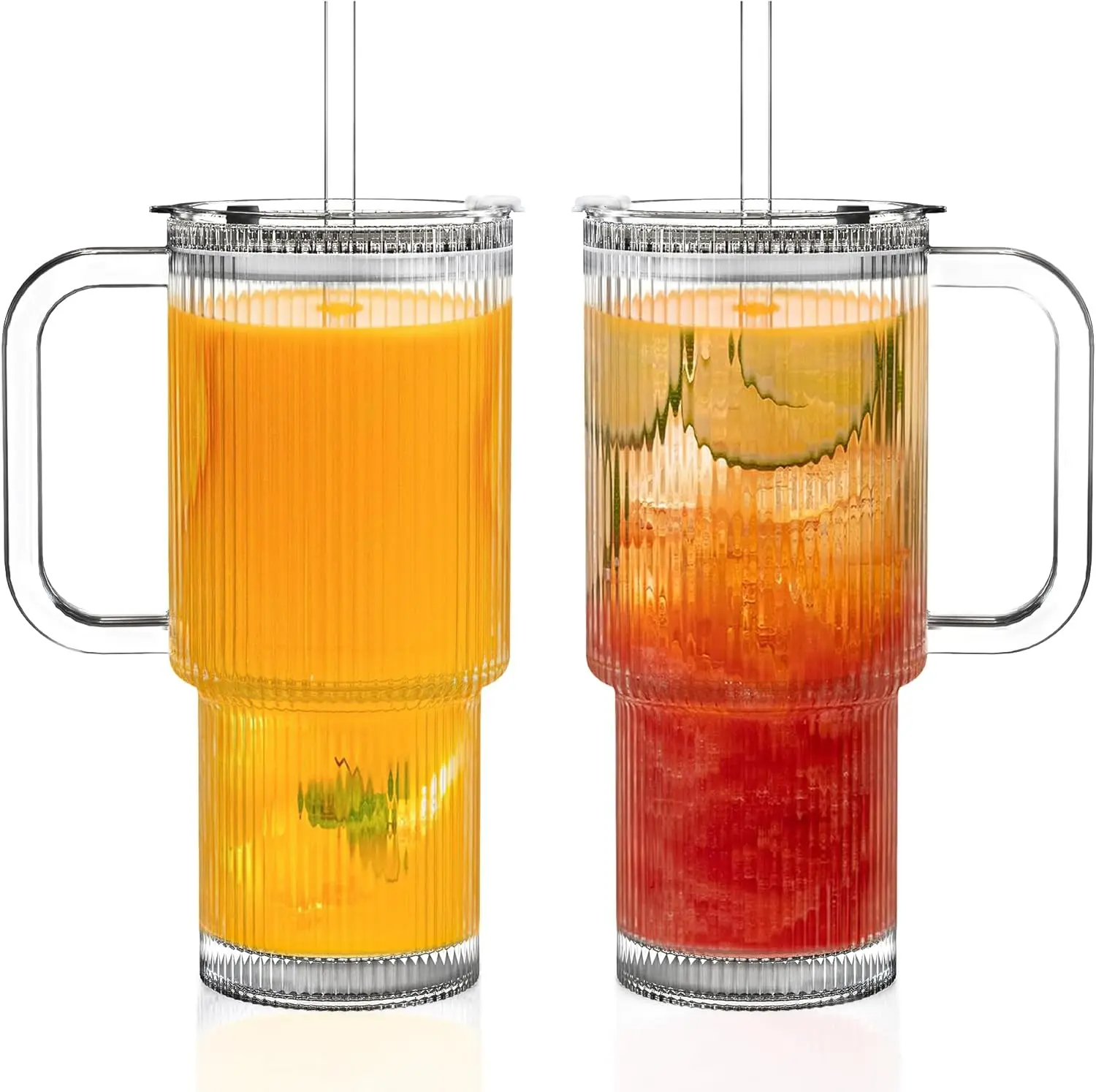 17oz/26oz Ribbed Glass Tumbler with Handle & Lid – 2 Pack Reusable Coffee & Iced Drink Cups with Straw, Spill-Resistant Glass Mug for Home, Office, Travel, Outdoor, Perfect for Cold & Hot Beverages