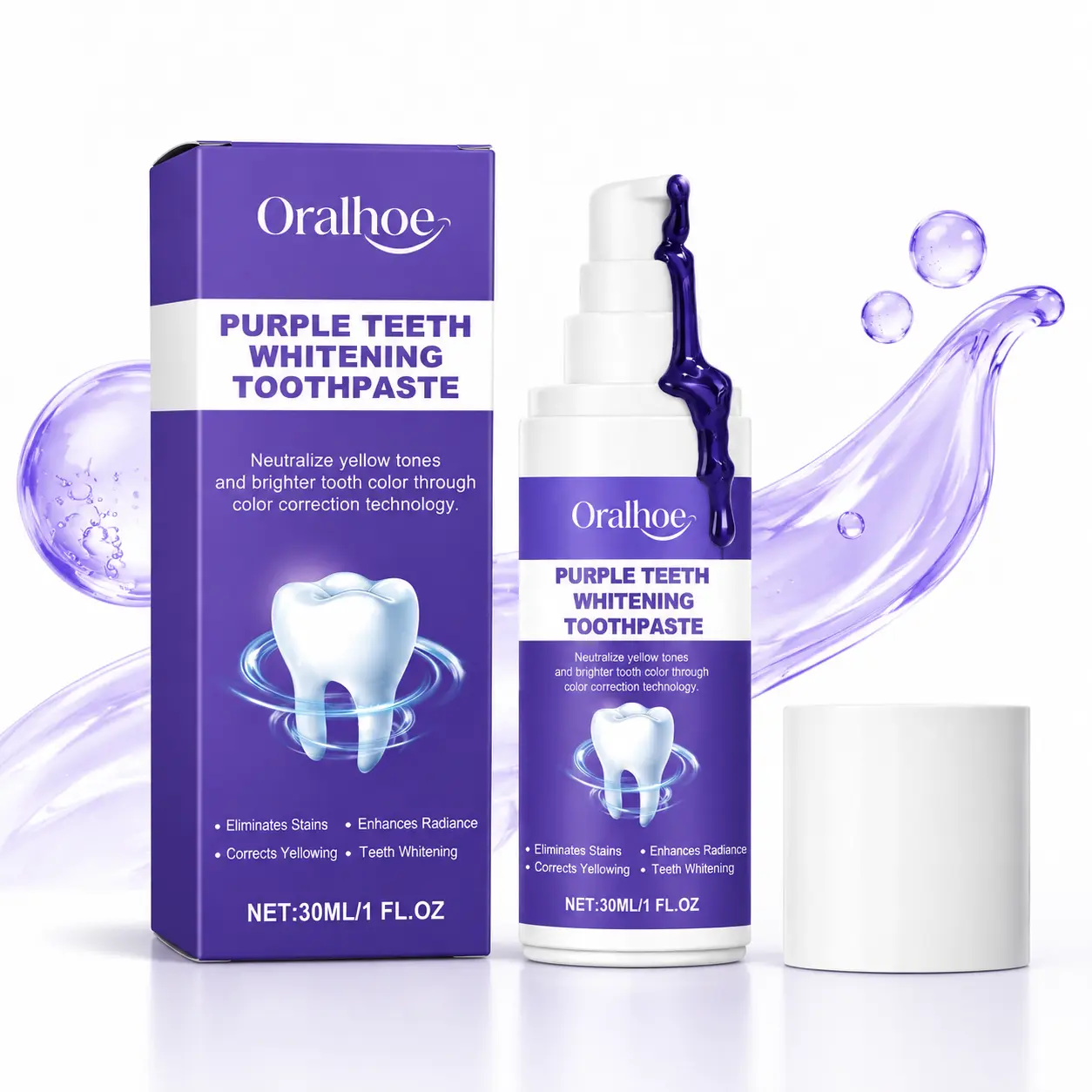 V34 Purple Color Correction Oral Toothpaste, 30ML Gentle Daily Foam Teeth Whitening Paste for Stain Removal, Neutralizing Yellow Tones, Brightening Teeth & Breath Refresh (Coffee, Smoking Stains)
