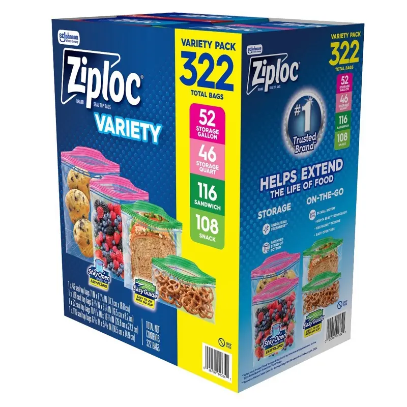 Ziploc Bag Variety Pack 322 Bags Gallon, Quart, Sandwich & Snack