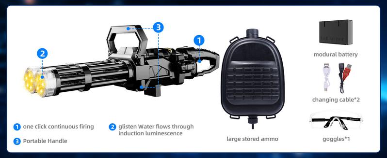 Gatling Electric Water Machine, Dual-Barrel, 49FT High-Pressure Automatic Squirt Machine with LED Water-Sensor, Large Water Tank&Rechargeable Battery Gatling Electric Water Machine, Dual-Barrel, 49FT High-Pressure Automatic Squirt Machine with LED Water-Sensor, Large Water Tank&Rechargeable Battery