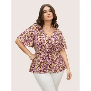 【Summer Turn-Up】【V-neck】BlOOMCHIC Plus Size Leopard Print Twist Front Flutter Sleeve Blouse [M-6X] 2026 Summer Pick for Mother's Day Fit Womenswear Swimweek