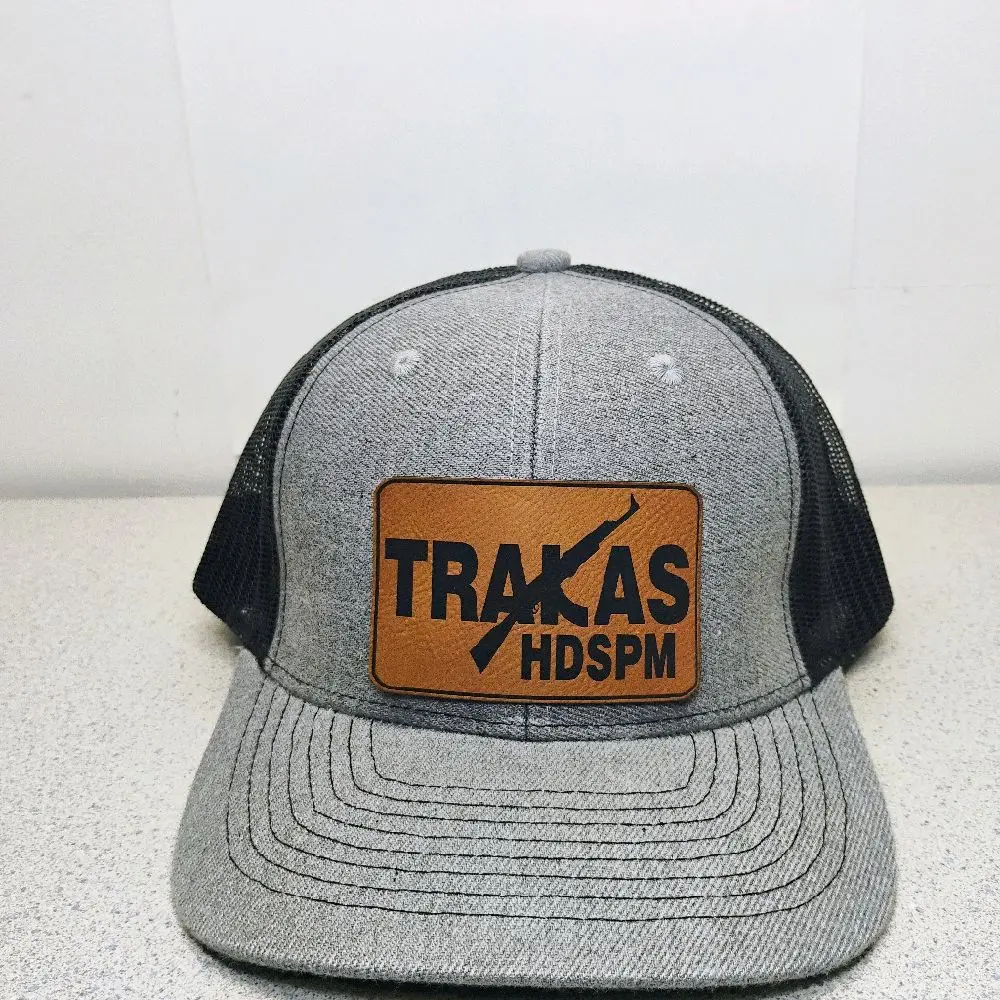 TRAKAS Hat - Gray & Black Mesh Cap with Leather Patch Design - Adjustable Snapback for Men and Women