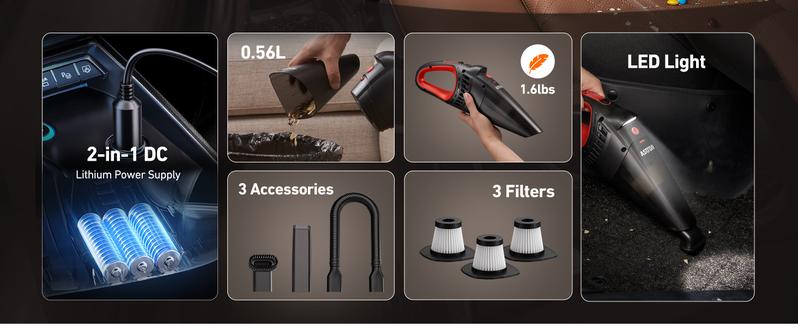 【Valentine's Day Gift】AstroAI Handheld Car Vacuum Cordless with Accessories, Portable Vacuum Cleaner with 12V DC Power, LED Light, Brush, Extended Suction Pipe, Hose, Mini Handheld for Car, Home, Office, and Pet Hair, Red