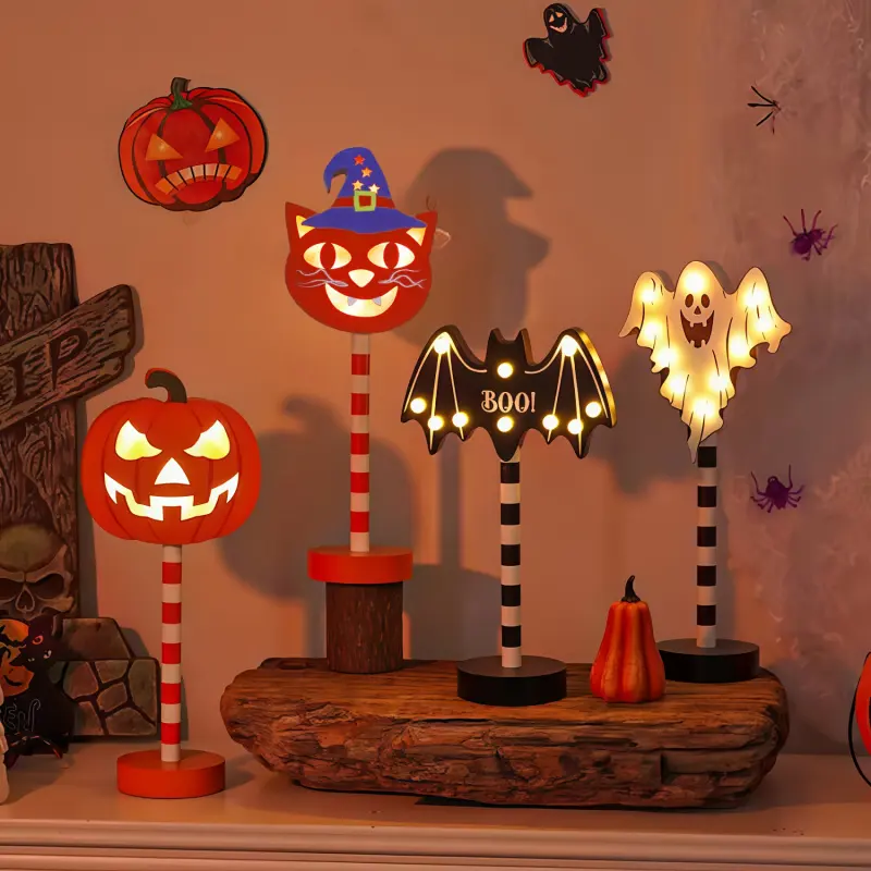 1pc Wooden Carved LED Night Light - Spooky Halloween Decor with Pumpkin,, Skull & Bat Designs, Battery-Powered (No Batteries Included) Orange Gothic Atmosphere Lamp for Living Room, Bedroom, Party Props & Holiday Gifts, Festive Lighting