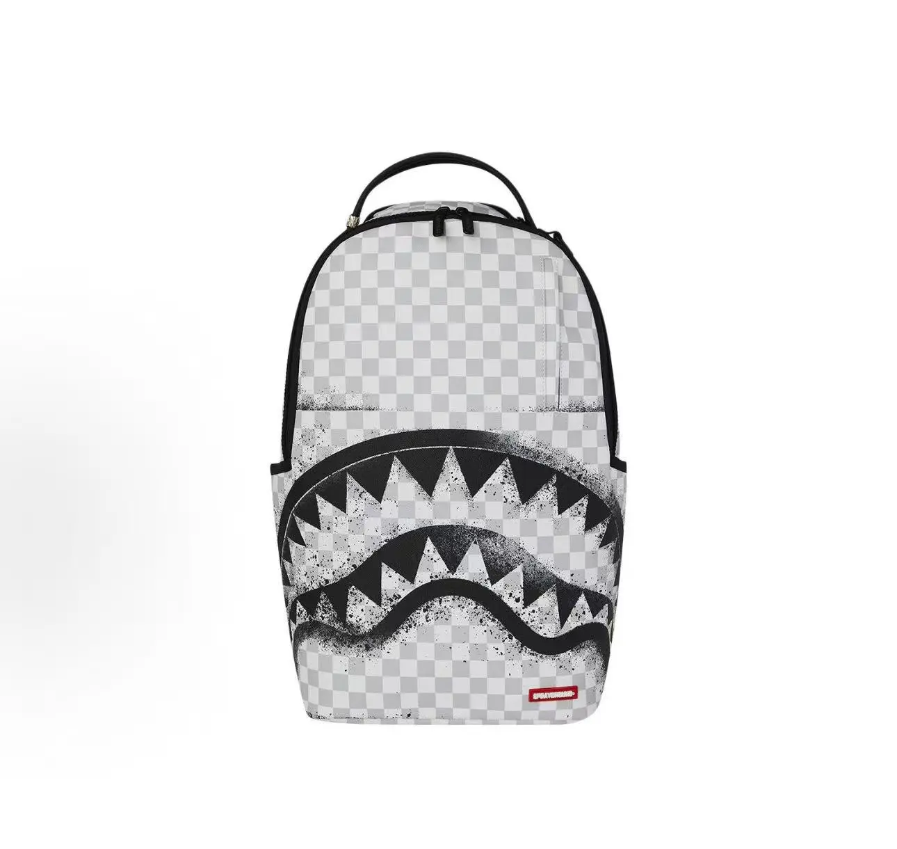 Sprayground Shark Mouth Backpack with Checkerboard Pattern, Streetwear Unisex Daypack for School/Work/Travel, Durable Canvas Bag with Unique Design