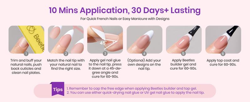 Beetles French Tip Press on Nails+Toenails：Almond/Coffin/Square/Squoval Pre-APplied Primer & Base Coat Glue for DIY Nail Gift for Women Easter'sGift