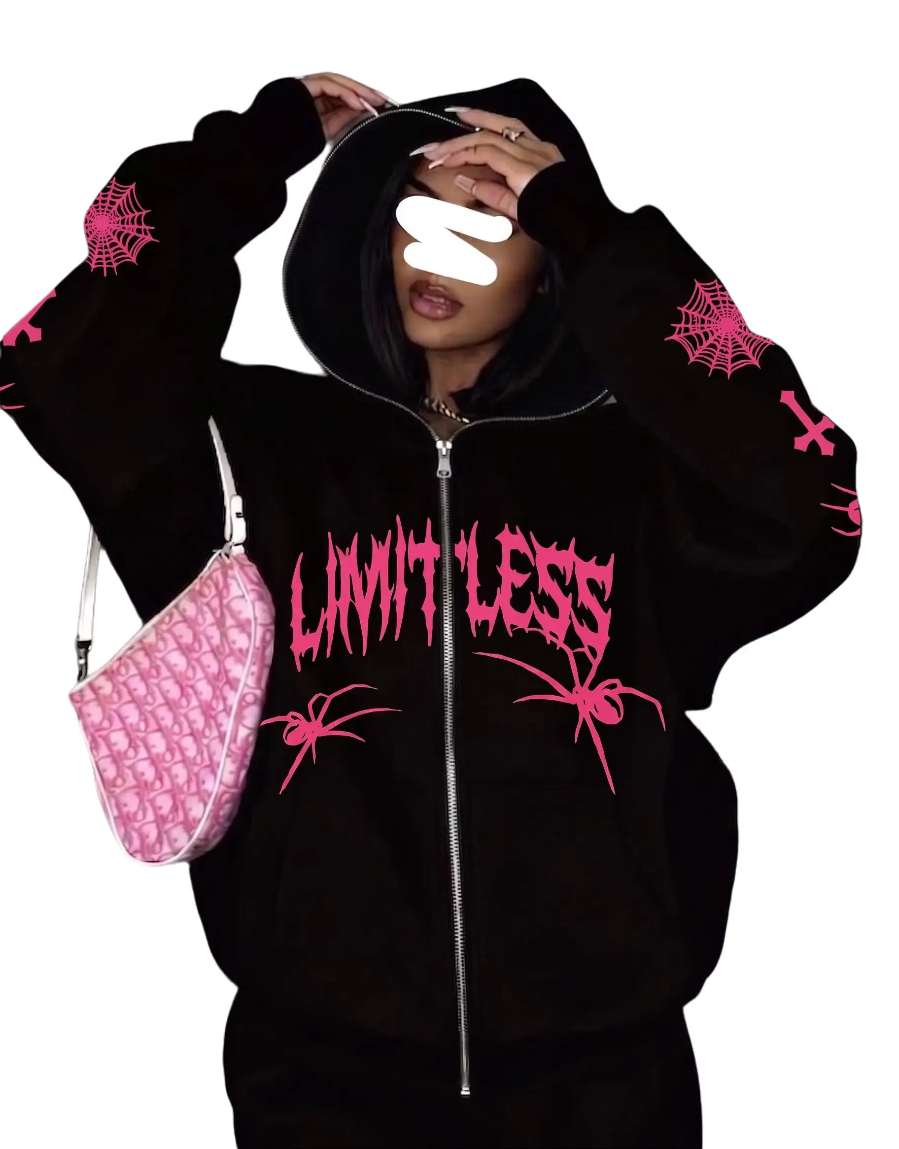 Women's Fleece Hooded Jacket - Spider Web Print, Loose Zipper, Y2K Casual Cardigan for European-American Cross-Border Womenswear