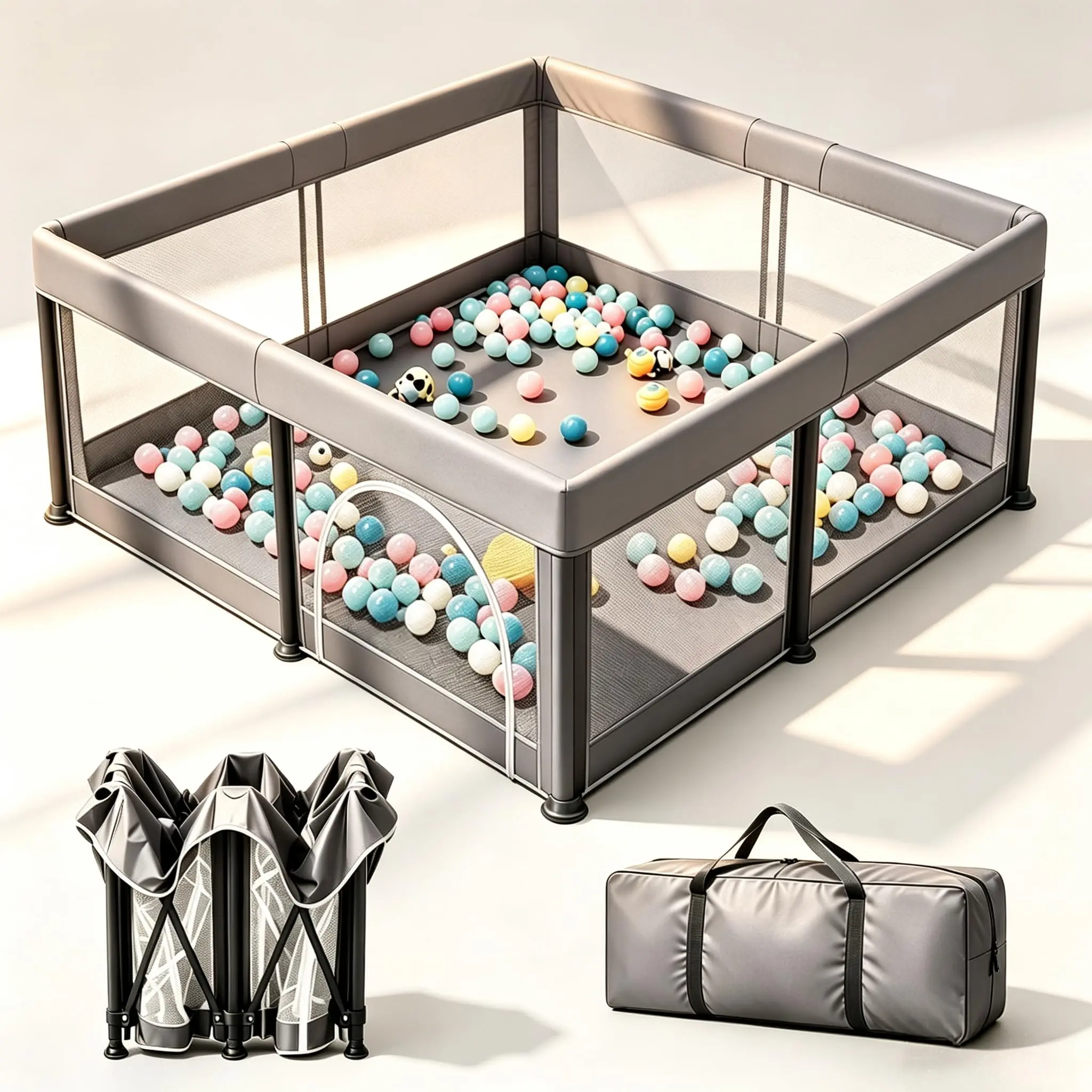 JINXIA Unisex Foldable Oxford Fabric Portable Playpen for Baby with Travel Pack, Grey - Collapsible Enclosure Playpen, 360° Breathable Mesh, Climb-Proof Anti-Fall, Indoor&Outdoor Sturdy Safety Fence, Safety Play Yard Playpen Tunnel