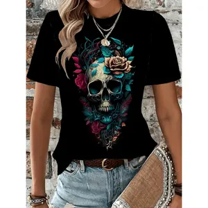 Skull And Flower Print Vintage T Shirt For Women Crew Neck Short Sleeve Summer Top In Black
