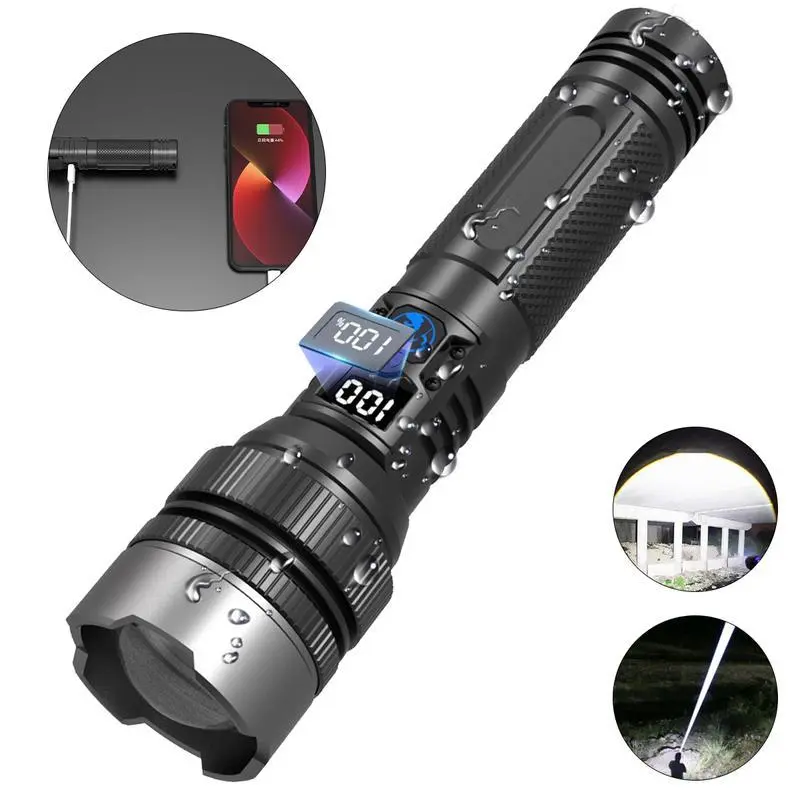 New Waterproof Flashlight, Super Bright Long-Range High Power White Laser Flashlight with Digital Display, Rechargeable Strong Light Emergency Torch for Outdoor