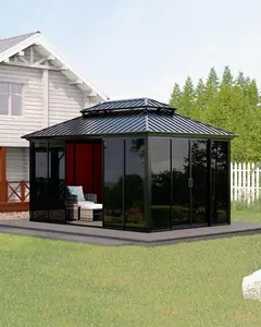 10FT x 14FT Hard top Wood Gazebo with Clear Acrylic Wall for All Weather, Canopy Patio Tent with Double Metal Roof, Heavy Duty Wooden Frame for Patio, Deck, Backyard, Lawn, and Garden