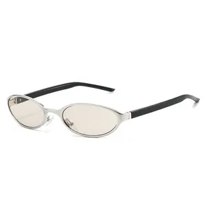 2026 New Futuristic Cat Eye Sunglasses, Silver Metal Full Rim Oval Frame, UV Protection Lens, Korean Fashion Unisex Design, Ideal for Daily Streetwear & Stylish Looks