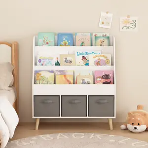 Montessori Kids Front-Facing Bookshelf with 3 Fabric Storage Bins, Toddler Bookcase and Toy Organizer with Solid Pine Legs, Wooden Book Display Rack for Children, Reading Shelf Storage for Playroom, Nursery, Bedroom or Classroom, White cabinet