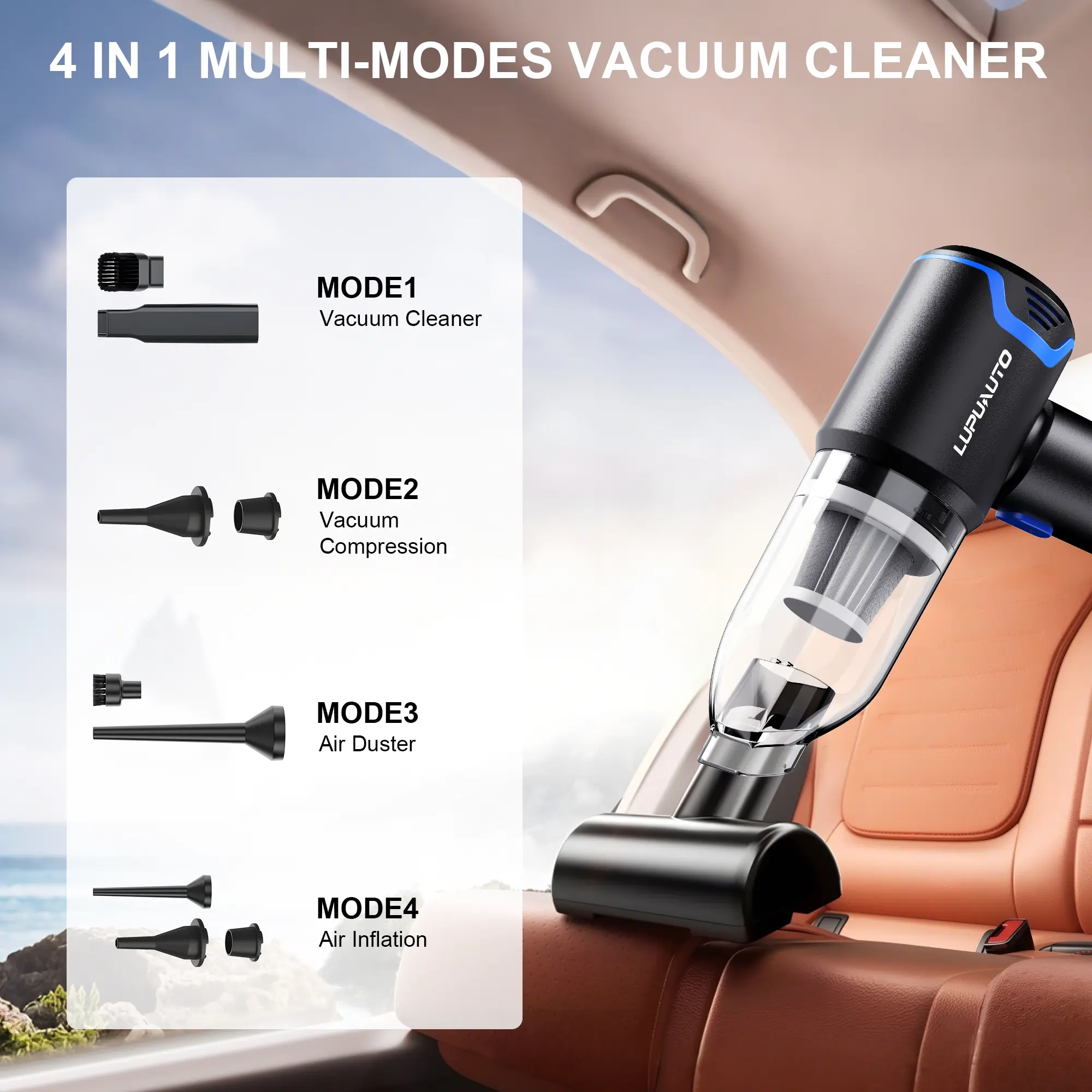 LupuAuto XCQ101 4-in-1 Cordless Handheld Vacuum Cleaner, Portable with LED Light & Type-C Charging, for Car, Home, Office & Pet Hair