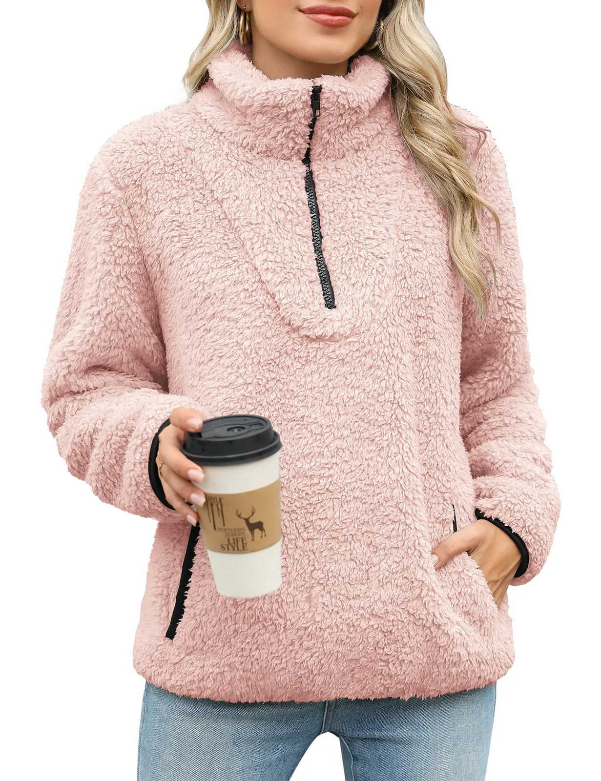 HEEKPEK Women's Sherpa Fuzzy Hoodie - Half Zipper, Long Sleeve Fleece Pullover with Pockets, Warm Faux Fur Fabric, Casual Wear Sweatshirts for 2026 Women's Tops, Pullover Sweat