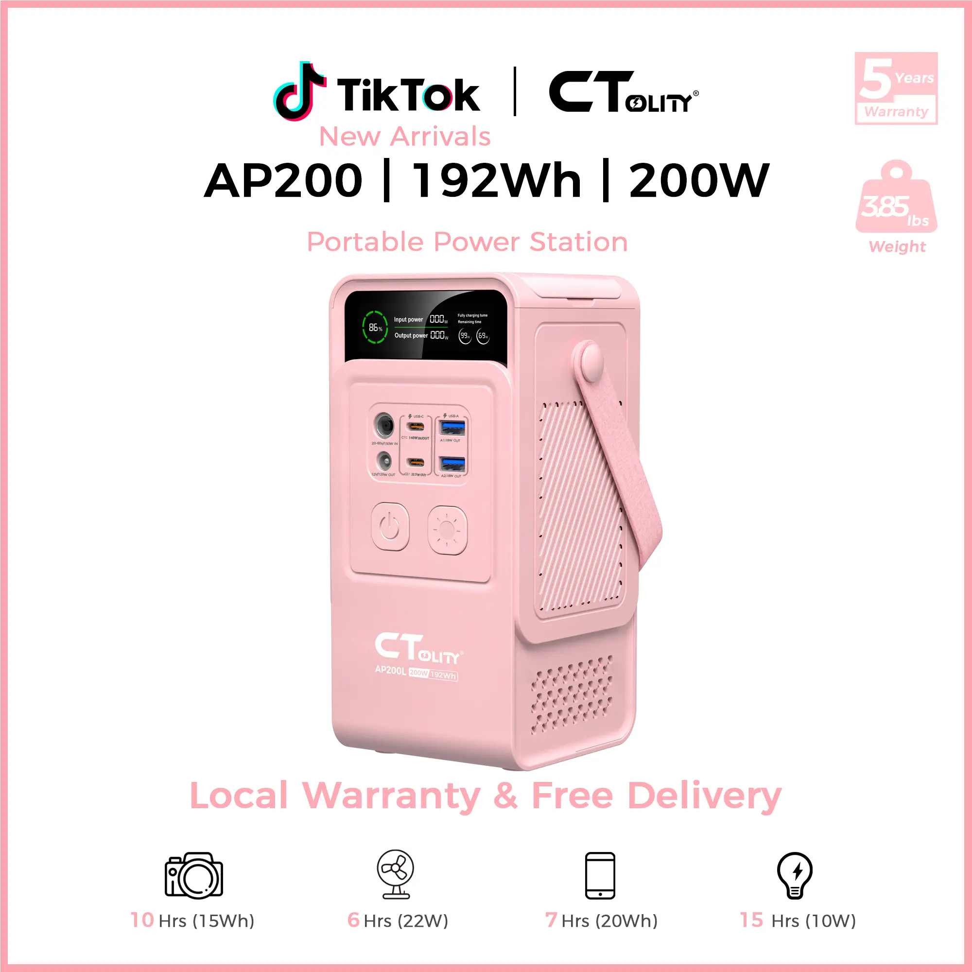 [TikTokShopBackToSchool]CTOLITY AP200 Portable Power Bank 192Wh 200W LiFePO4 Battery 4000+ Cycle 140W Fast Charging  LED DC Solar 150W, Accessories, Mobile