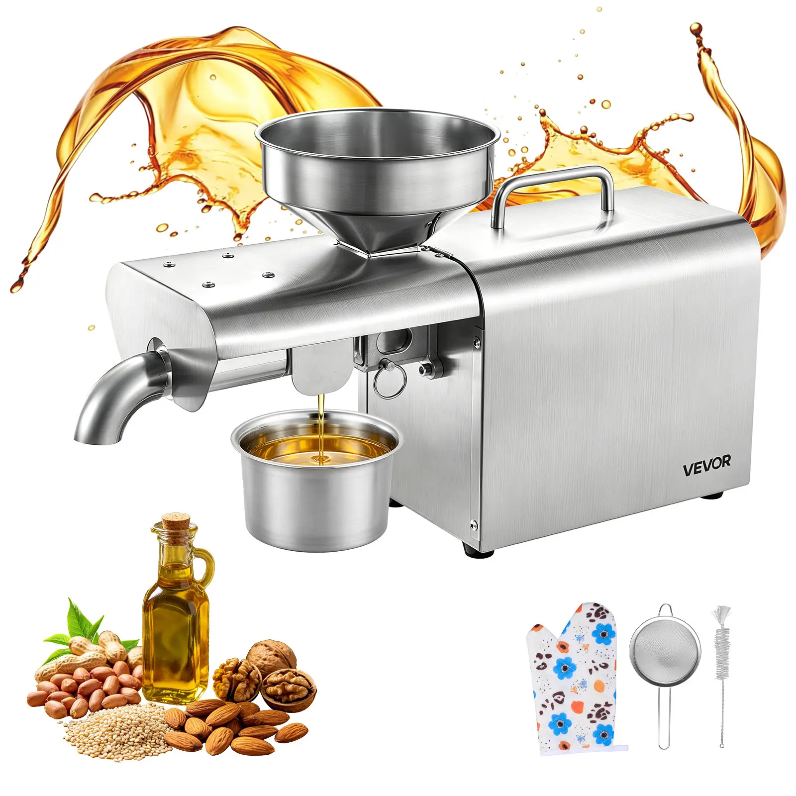 VEVOR Automatic Stainless Steel Oil Press Machine, 750W Power, 8.27 LBS/H Capacity, Electric Extractor for Home/Commercial Oil Extraction, 122℉-572℉ Hot Pressing for Peanuts, Sesames, Soybeans, Almonds