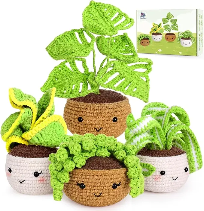 Beginner Crochet Plant Kit 4 Pack, Crochet Starter Kit with Video Tutorials, DIY Potted Plant Craft Set for Adults, Kids & Home Decor handmade gift amigurumi